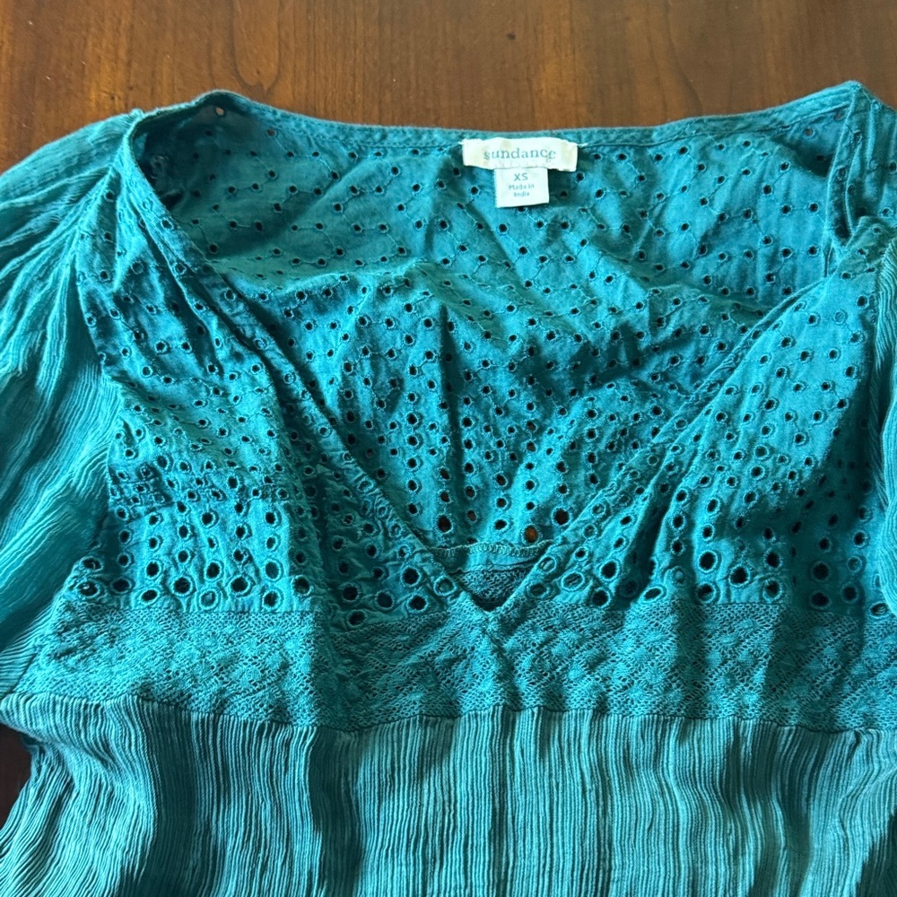 Sundance Romatic Boho Adore Moi Long Sleeve Midi Eyelet Sheer Pacific Blue Dress - Picture 5 of 12